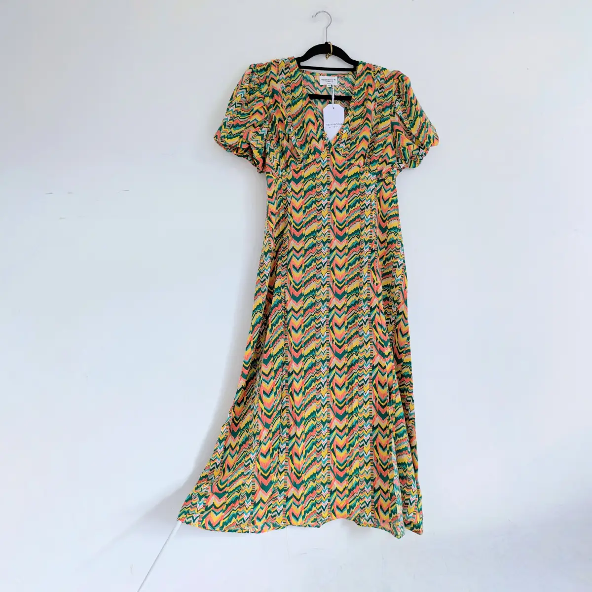 Colourful puff sleeve high waist maxi or midaxi Zig Zag print summer dress with V Neckline UKM New
