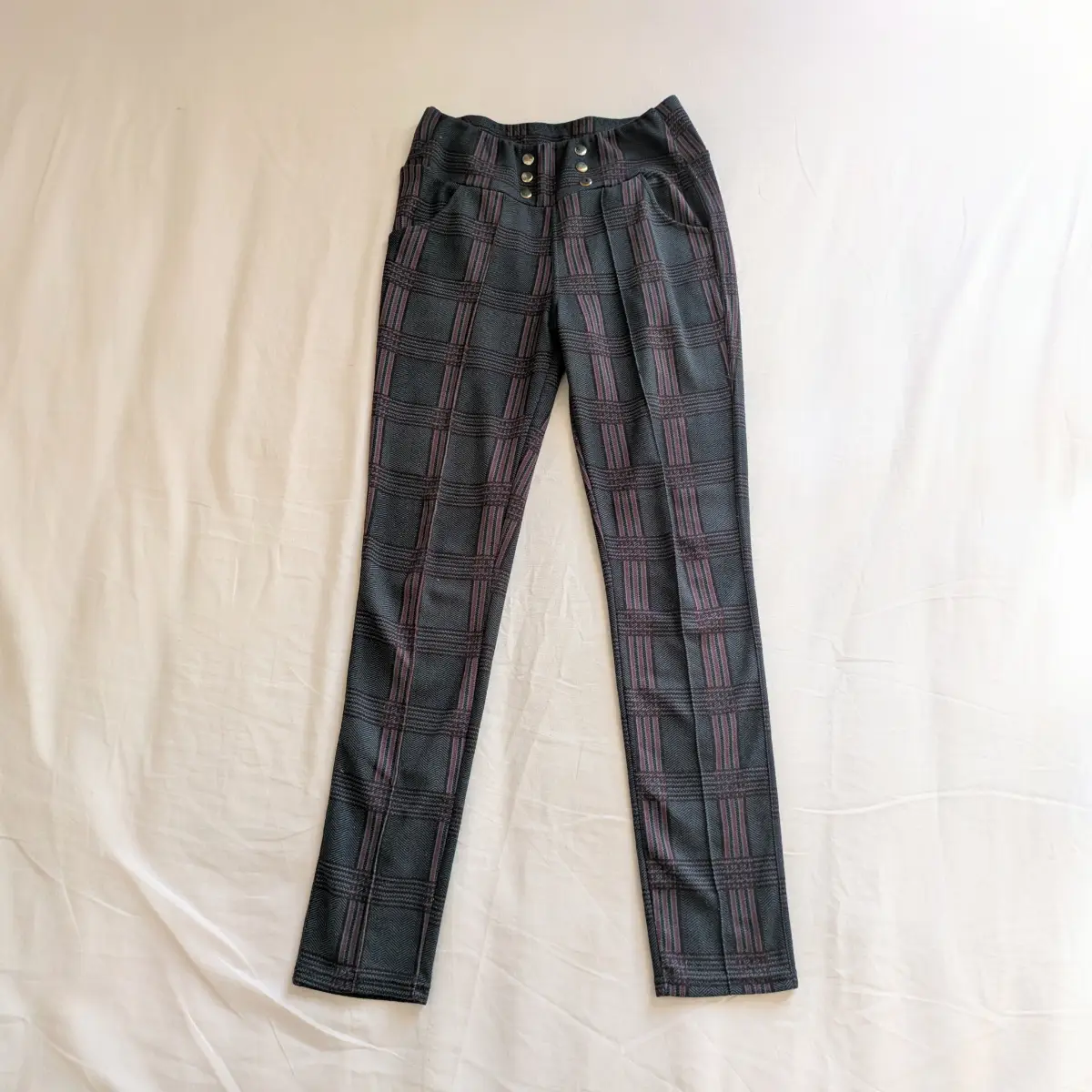 Tartan multicoloured grey and burgundy stretchy straight leg trousers with side pockets UK12-14