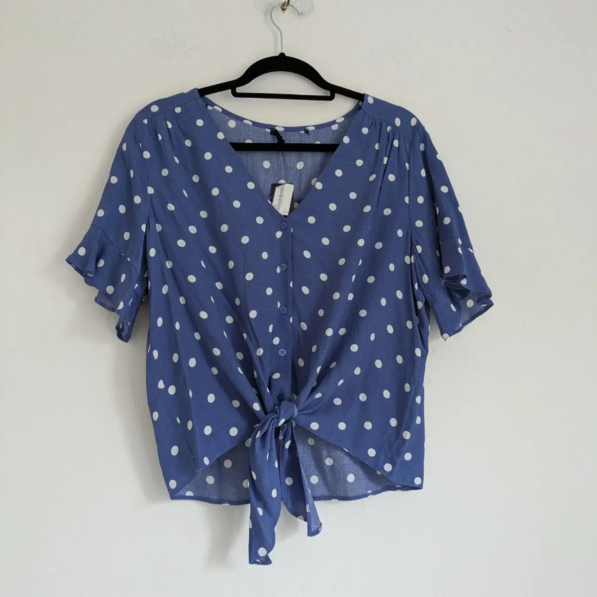 Polka dot button up tie front summer blouse with ruffle sleeves UK12 NWT