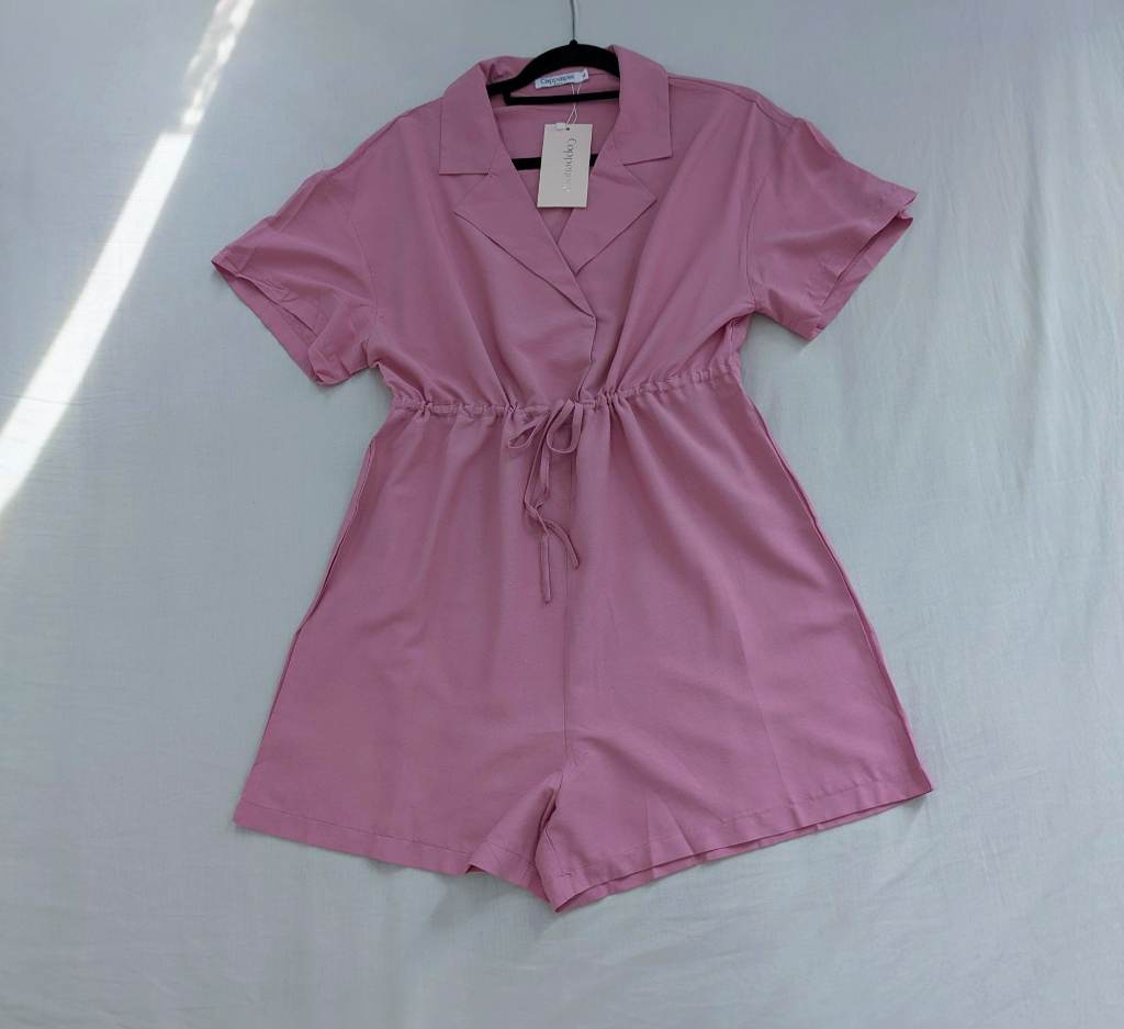 Pink plain flared leg playsuit with drawstring waist, snap button & collar UKL.NWT