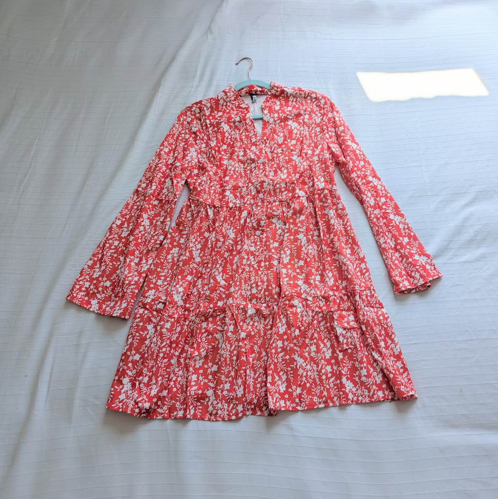 Orange floral button down VNeck summer dress with long flared bell sleeves UKM