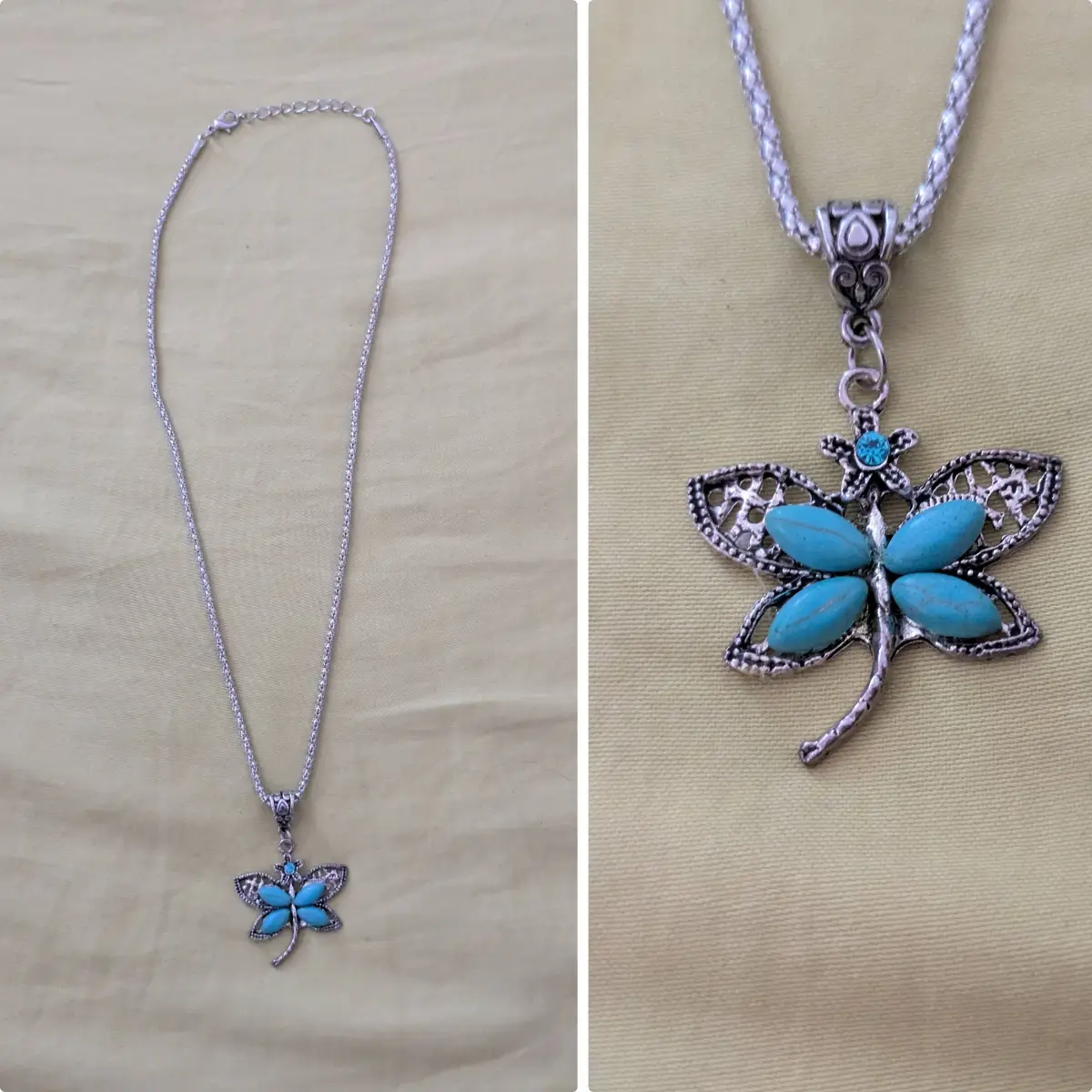 Faux turquoise and silver blue butterfly necklace with woven chain