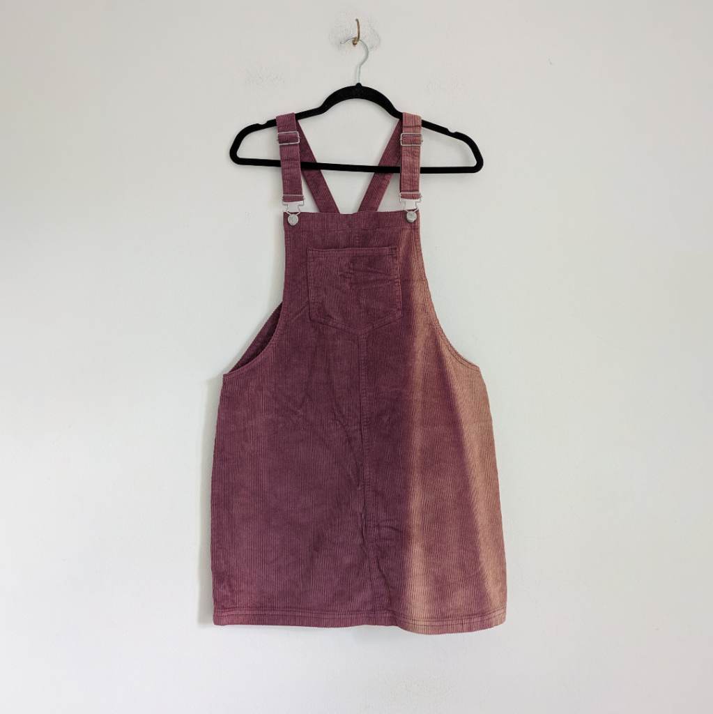 Corduroy pinafore dungarees dress in naturally faded mauve ombre with silver floral metal clasps UK1