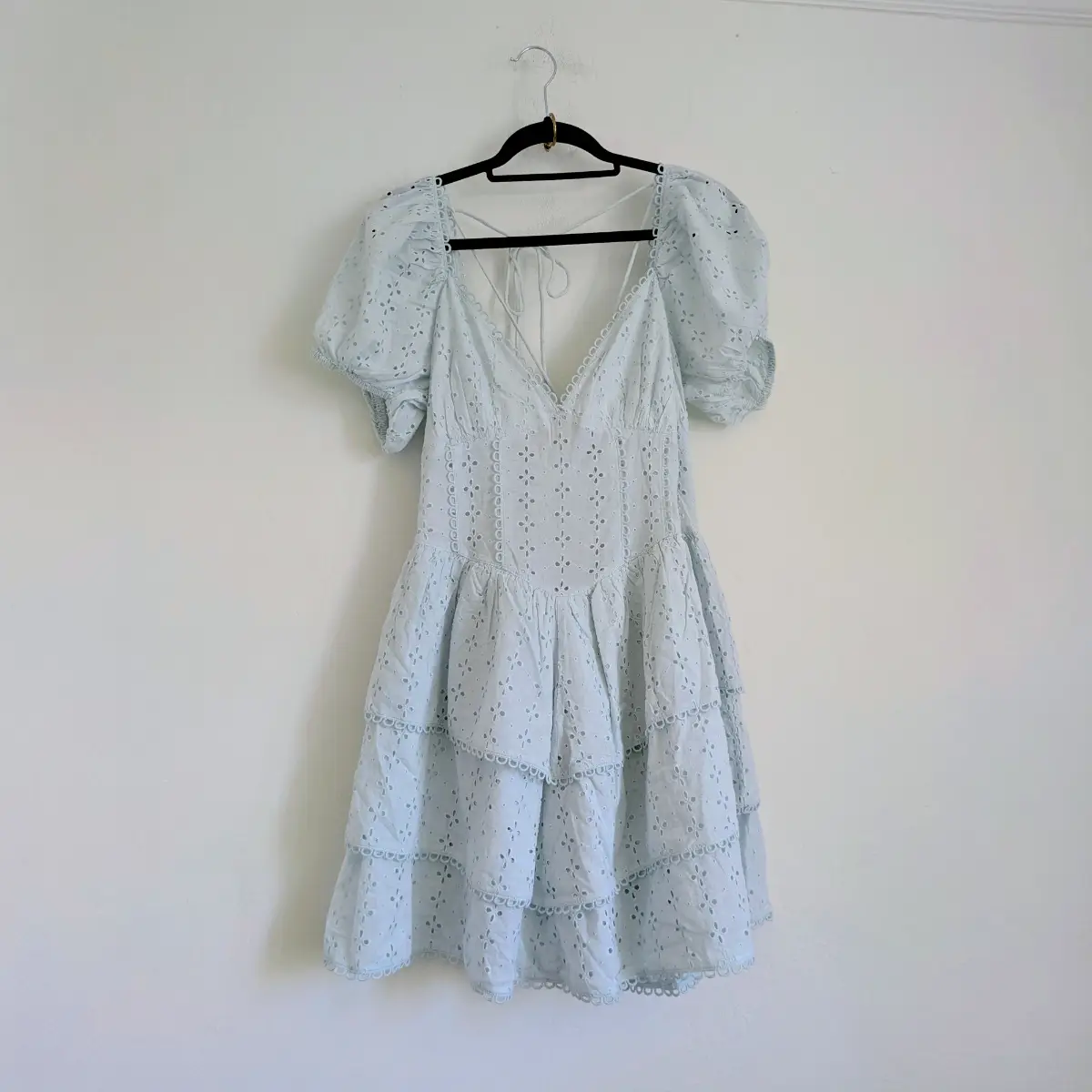 Reclaimed Vintage cotton ice blue broderie anglaise strappy back embroidered summer dress UK14 New