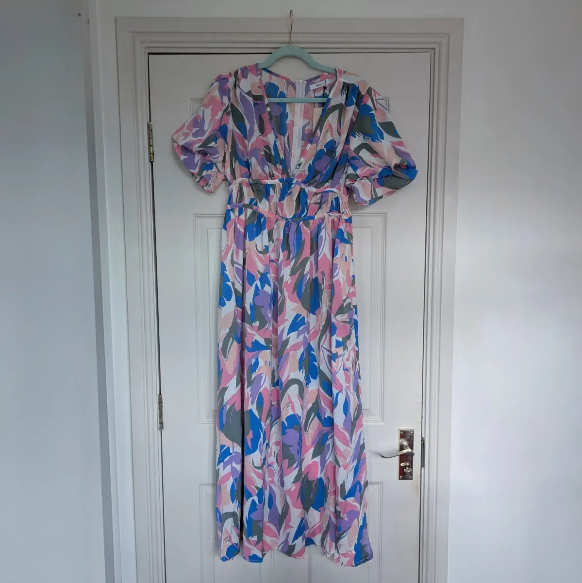 Colourful deep V neck puff sleeve maxi dress gathered bust & high waist