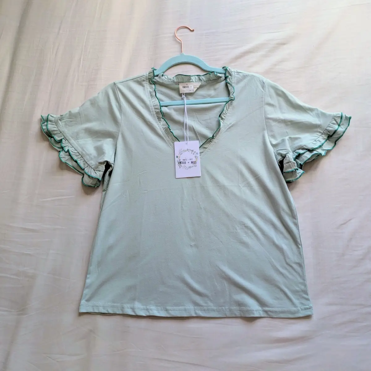 Pure cotton mint VNeck ruffle T-shirt blouse New