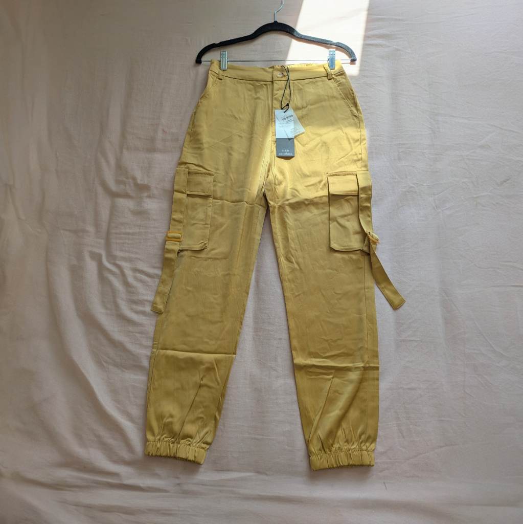 Glossy yellow outdoorsy trousers in a sleek satin like material S NWT