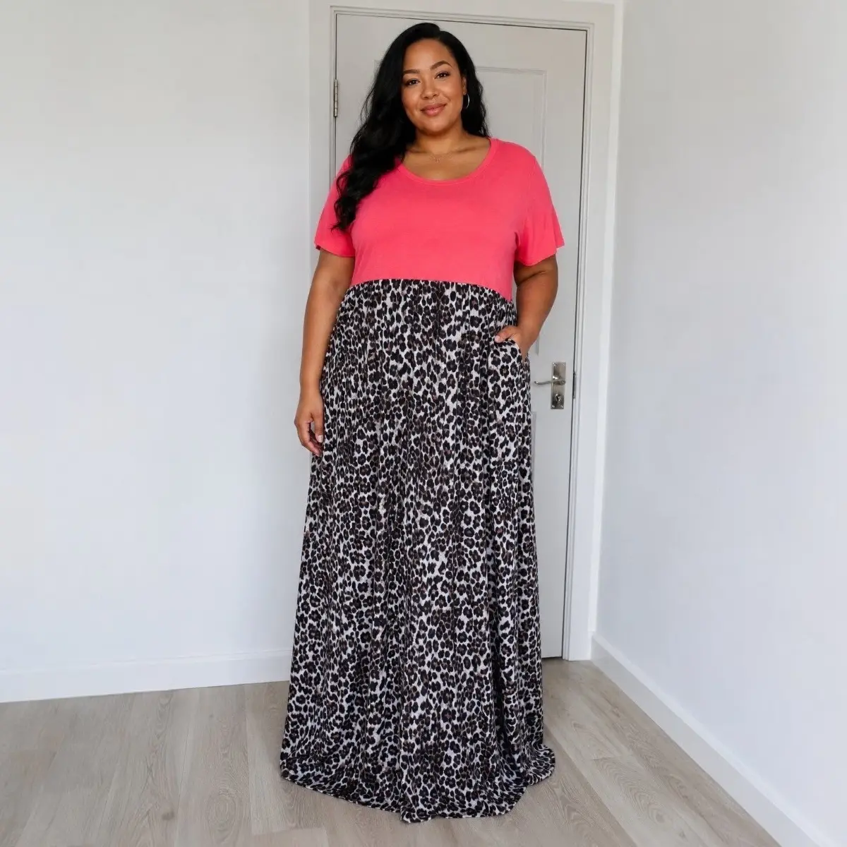 Extra long cheetah print coral contrast scoop neck high waist summer maxi dress with pockets NWOT