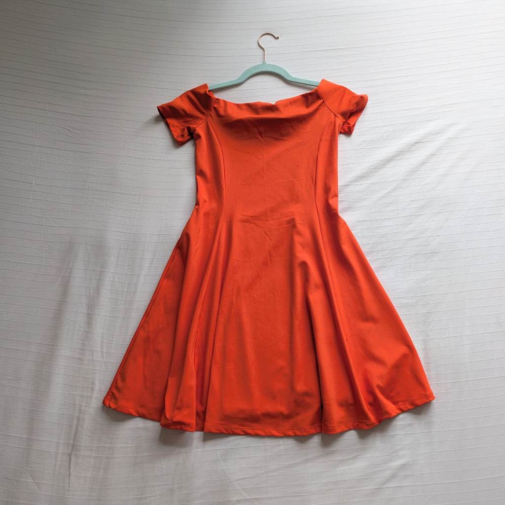 Cotton rich bardot off shoulder skater summer dress with wide flared skirt and shaping side panels