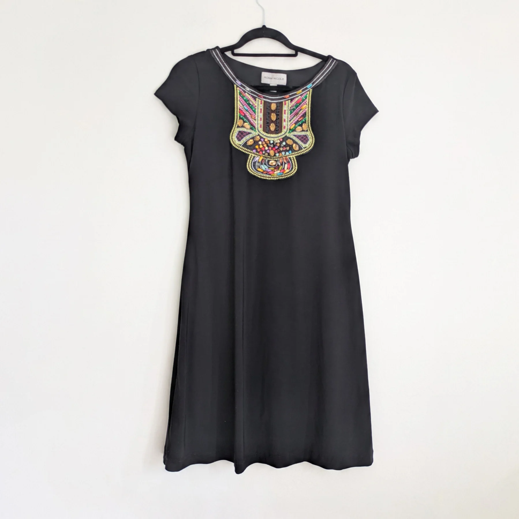 Black Ronni Nicole colourful embroidered beaded embellished summer dress with flare UK12