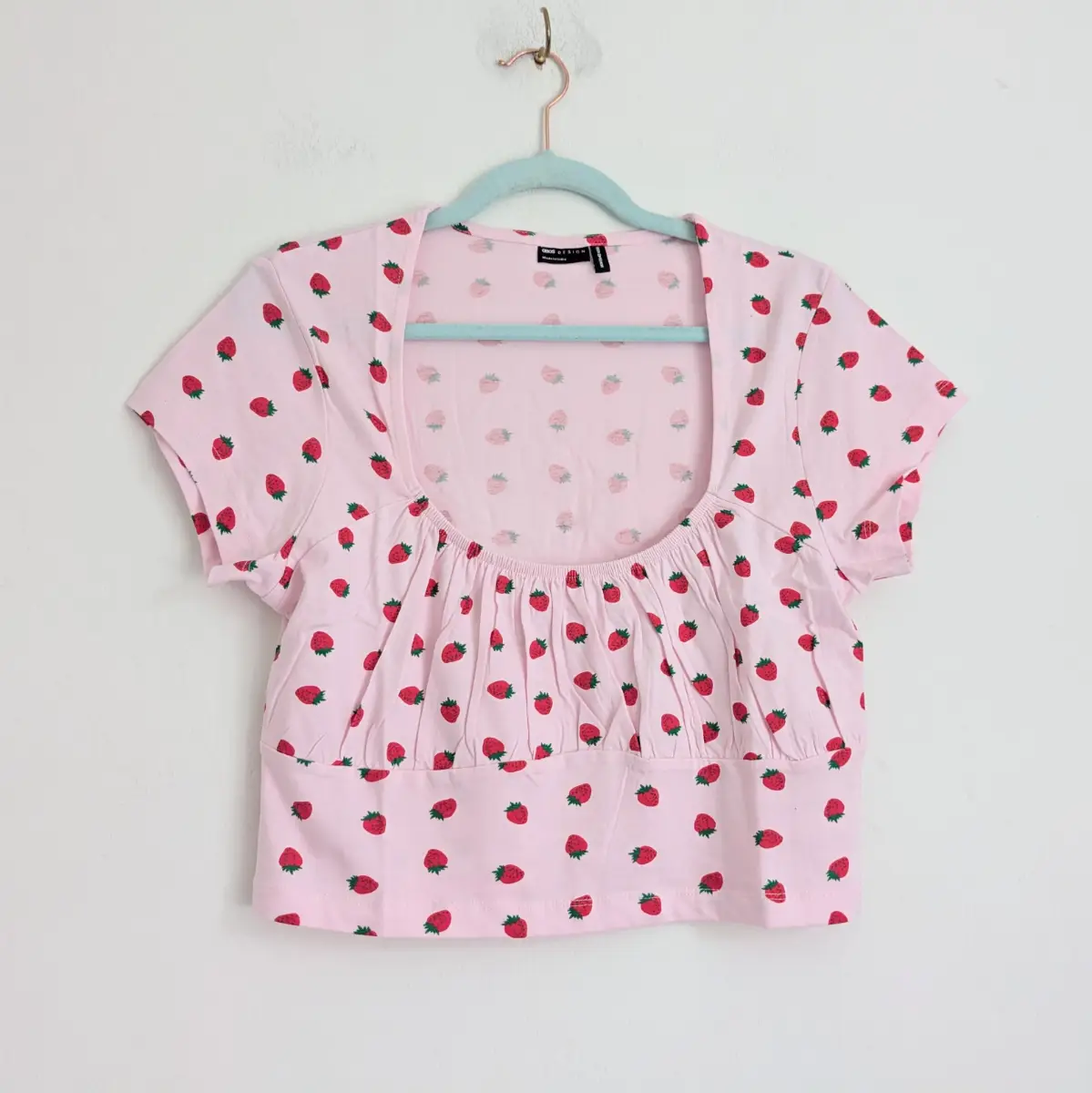 Strawberry milkmaid style pure cotton pink crop summer blouse with gathered bust  UK14 New