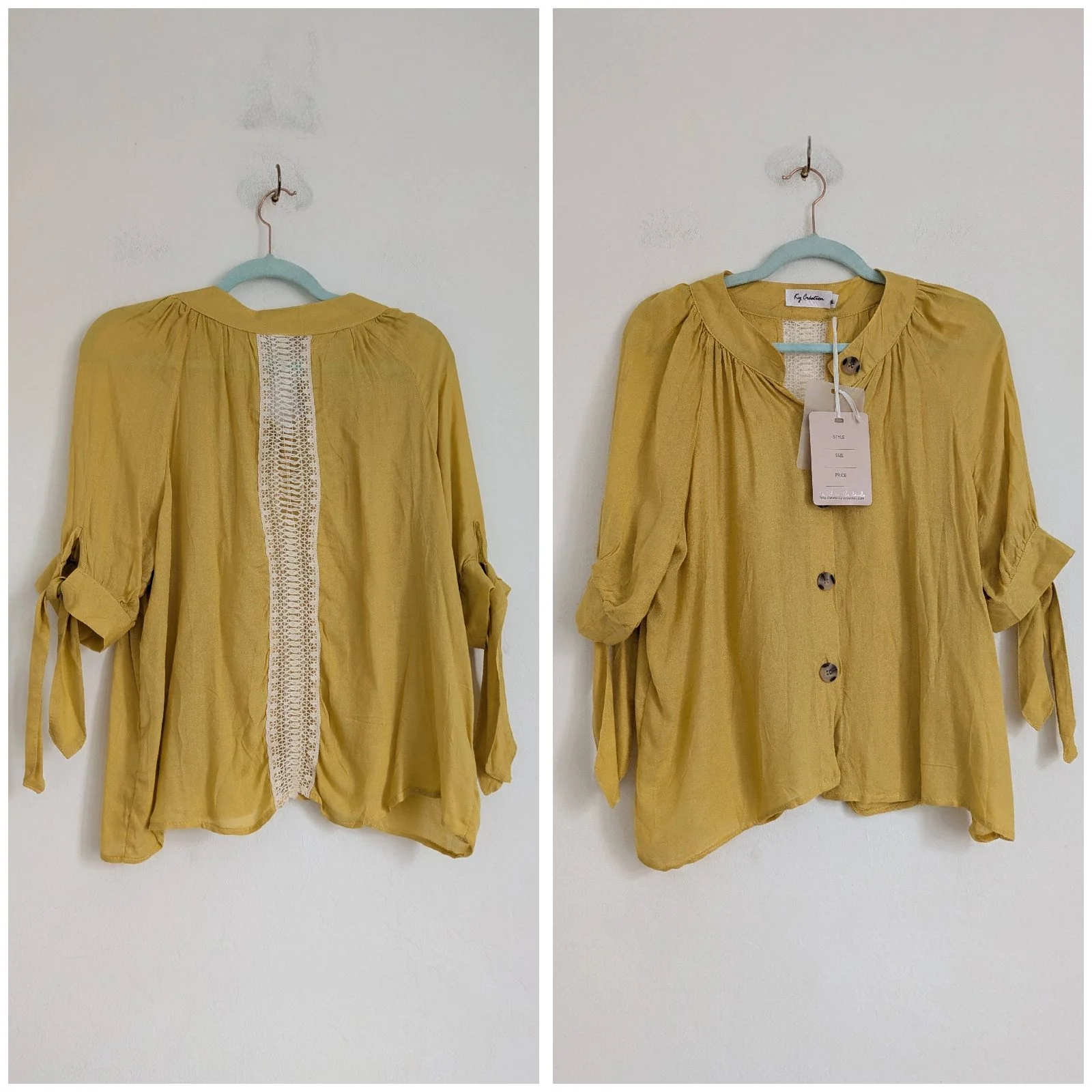Crochet back drapey lightweight button down summer VNeck blouse with tie up sleeves UKL NWT