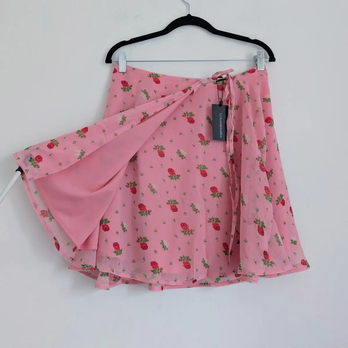 Wednesday's Girl pink floral voluminous fluttery true summer wrap skirt with mesh overlay UKS New