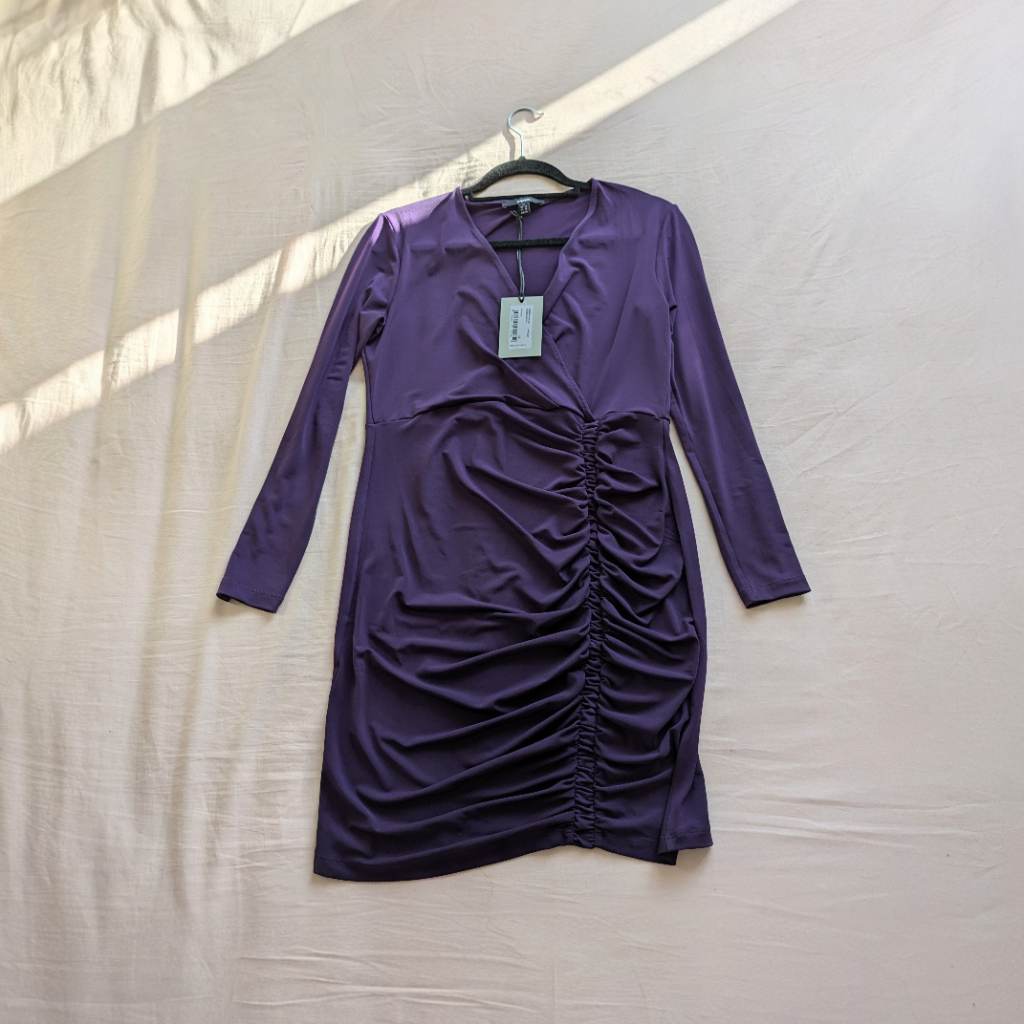 Purple long sleeve V Neck Bodycon dress with high waist and ruching down the side UKS NWT