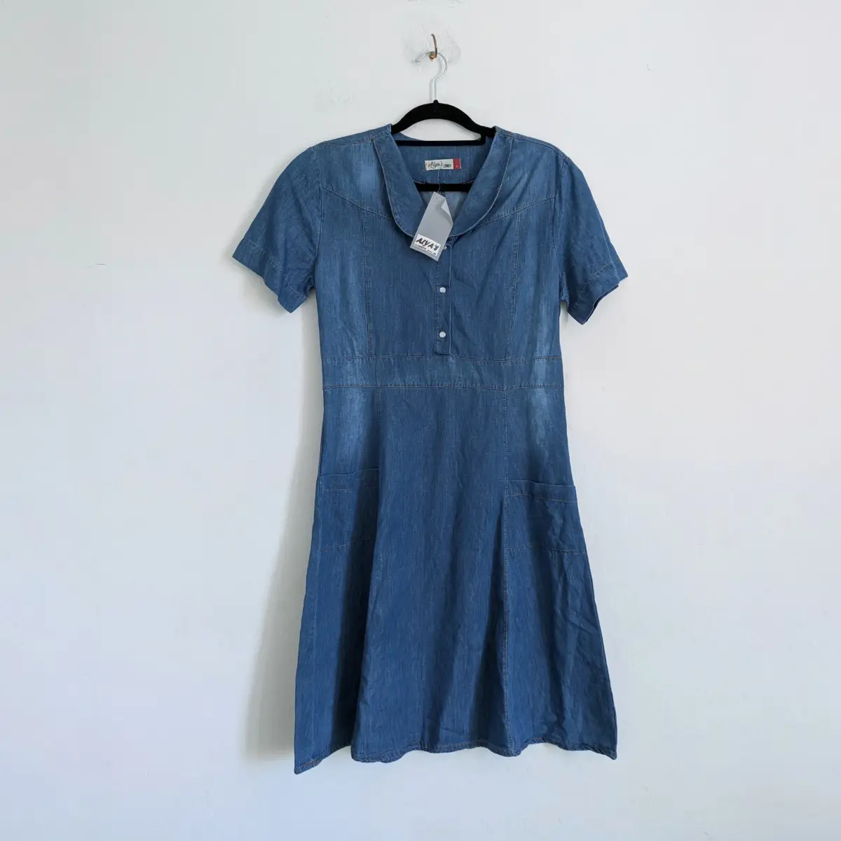 Pure Cotton Denim Peter Pan collar 90's style skater dress with snap buttons & pockets UKL New