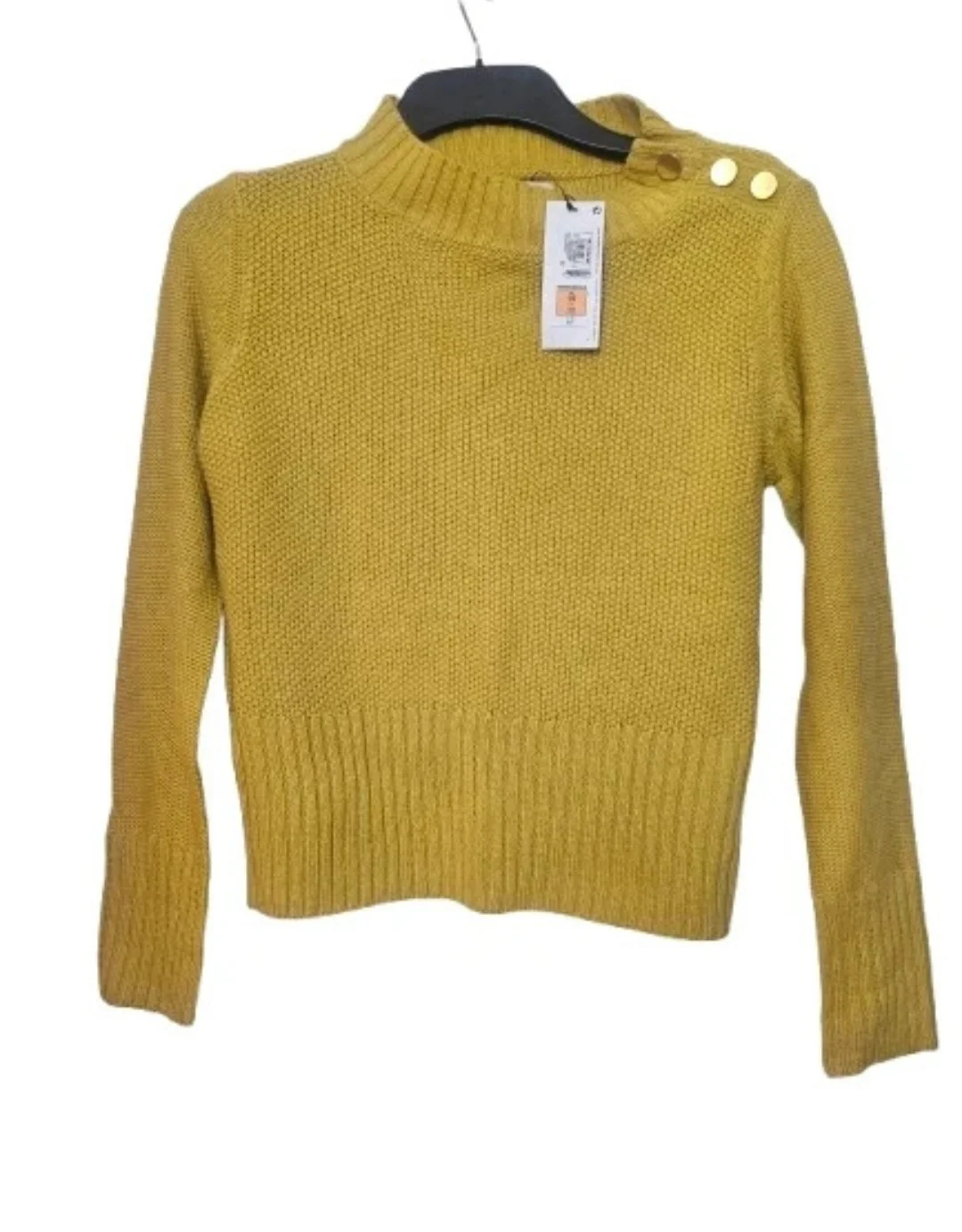 M&S Collection Classic Mustard Yellow Mock Neck Knit Jumper with Gold Shoulder Buttons – Size UK 10