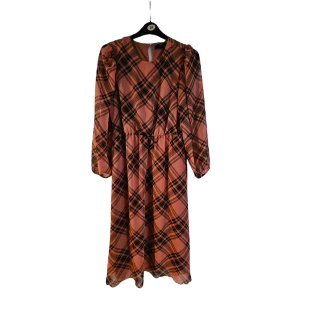 Next Terracotta Pink Black Plaid Check Long Sleeve Midi Dress UK 10 EUR 38