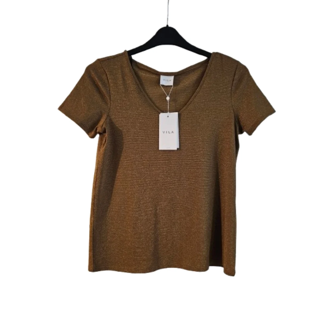 VILA NWT Gold Metallic Sparkle V-Neck Short Sleeve Top Size S (UK 8-10)