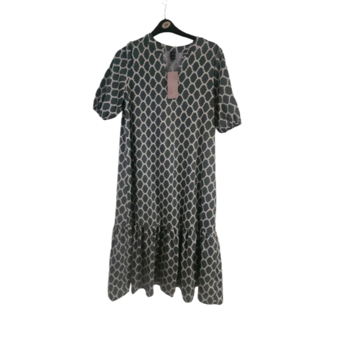 BNWT Emery Rose Grey Geometric Lattice Print Notch Neck Midi Dress Size M UK 10 12