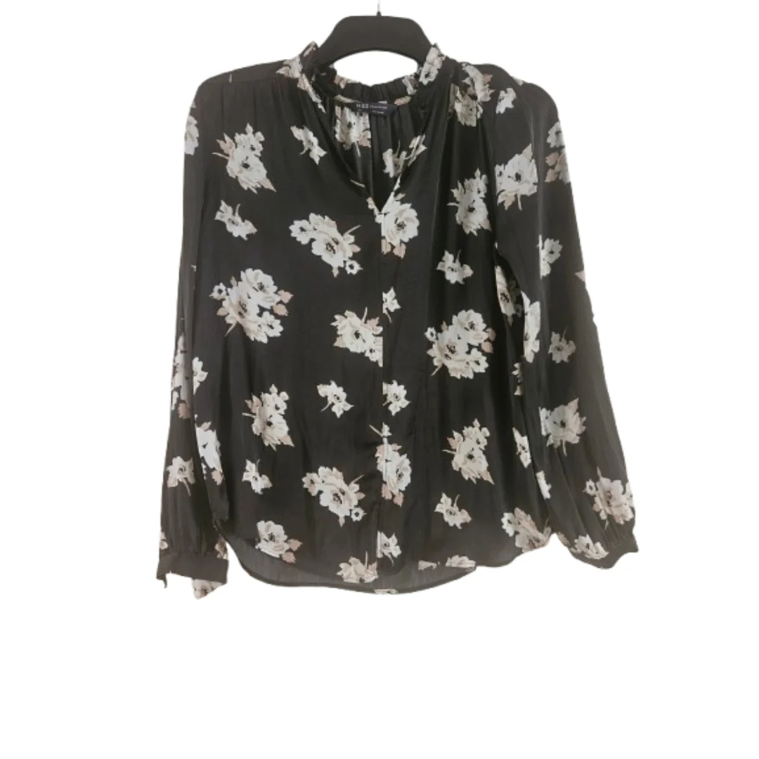 M&S Collection Black Floral Print V-Neck Frill High Neck Long Sleeve Blouse Top UK 12