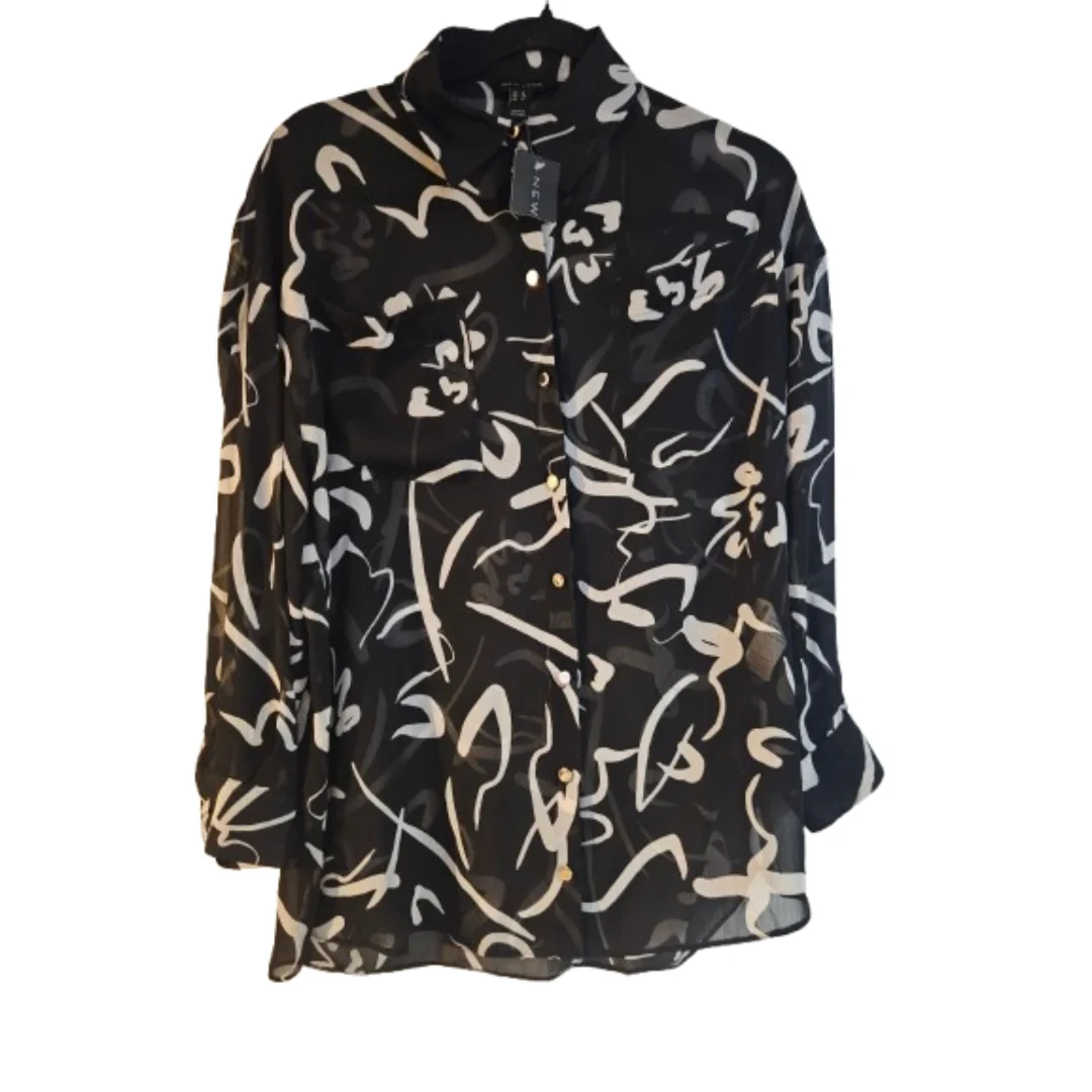 BNWT New Look Black White Abstract Print Sheer Gold Button Shirt Blouse Size UK 8