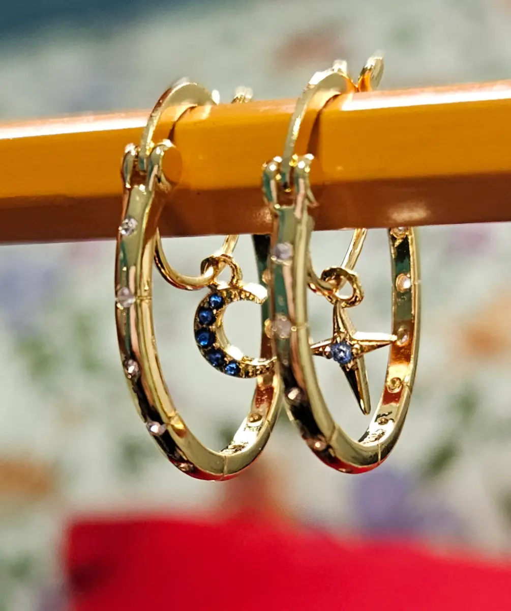 s925 Golden Moon and star dangling Round hoops