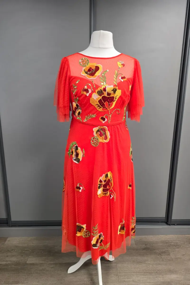 Monsoon womens Claudia embellished midi dress red size 16 BNWT