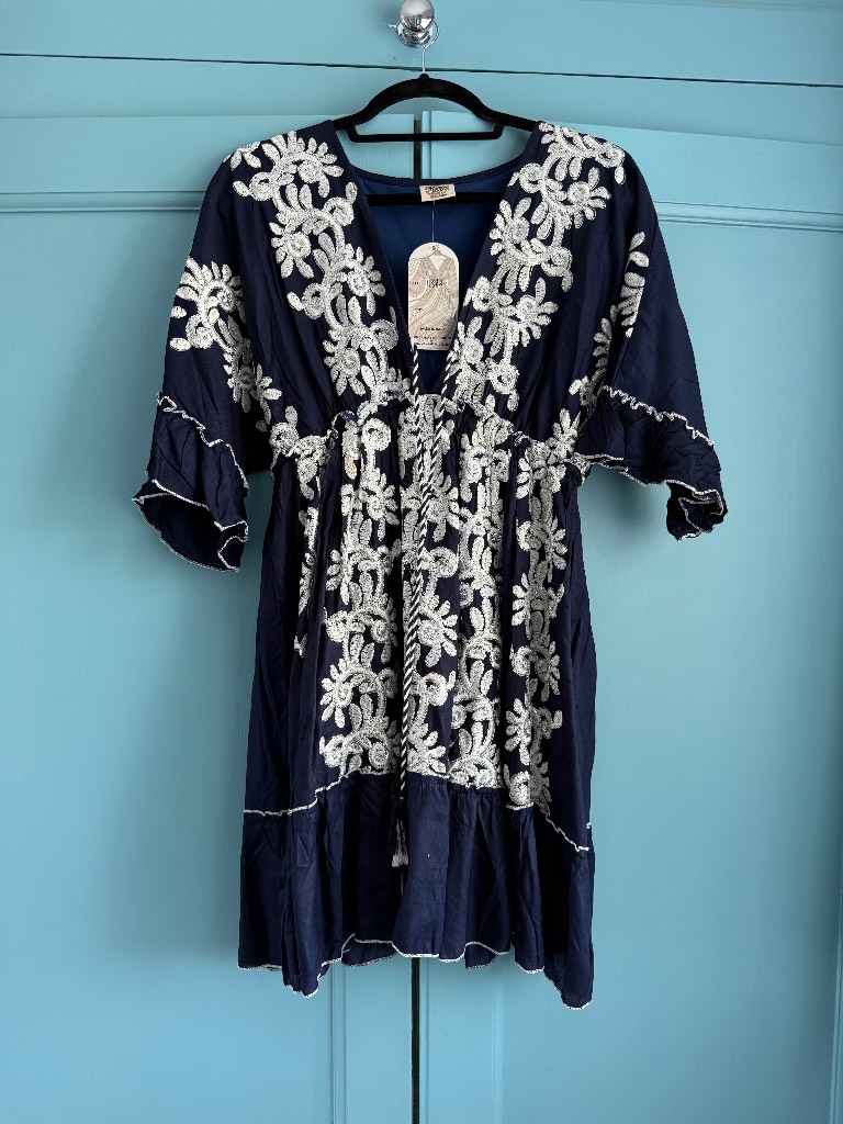 Navy Viscose Embroidered Beach Dress One Size Medium BNWT