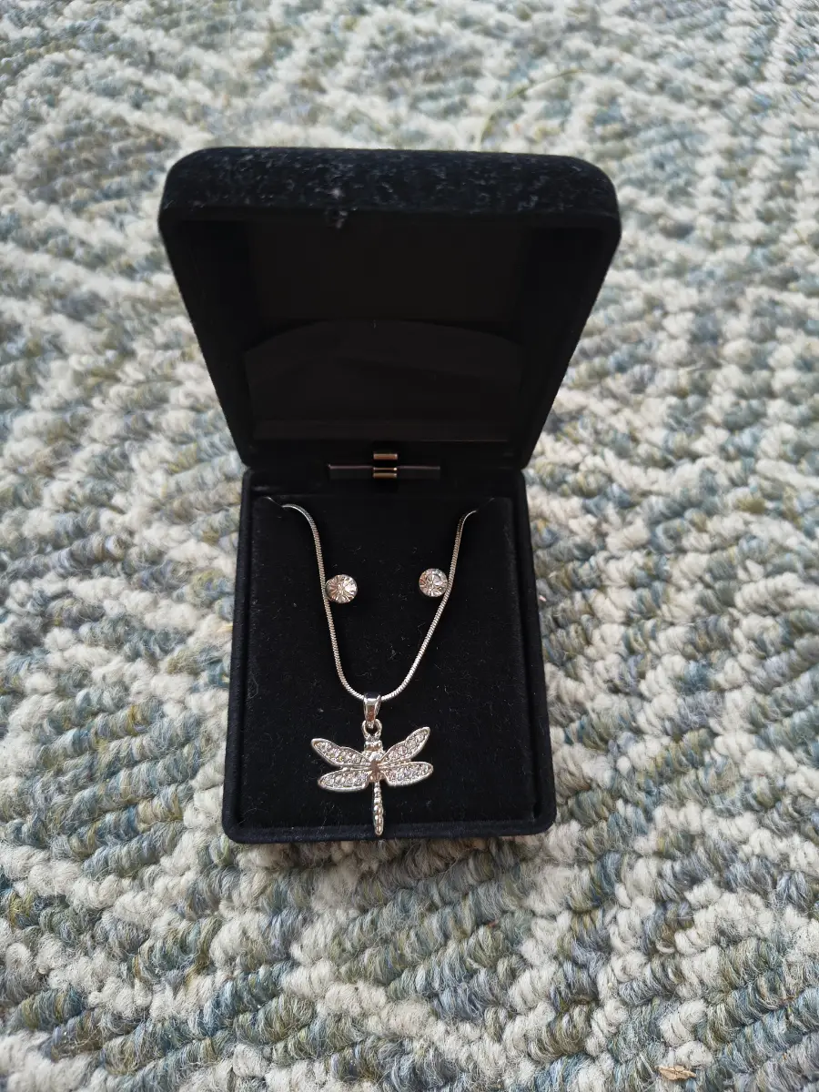 Dragonfly necklace with studs jewellery set, silver tone