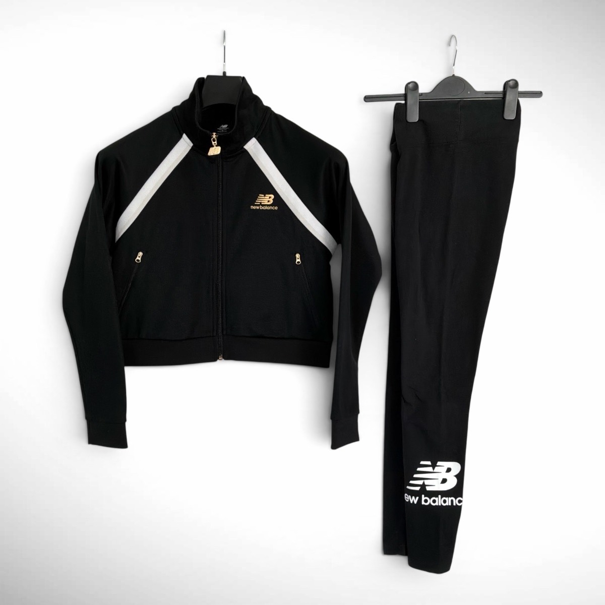 New Balance 2-Piece Tracksuit Jacket & Leggings Set Black Gold White Full Zip S