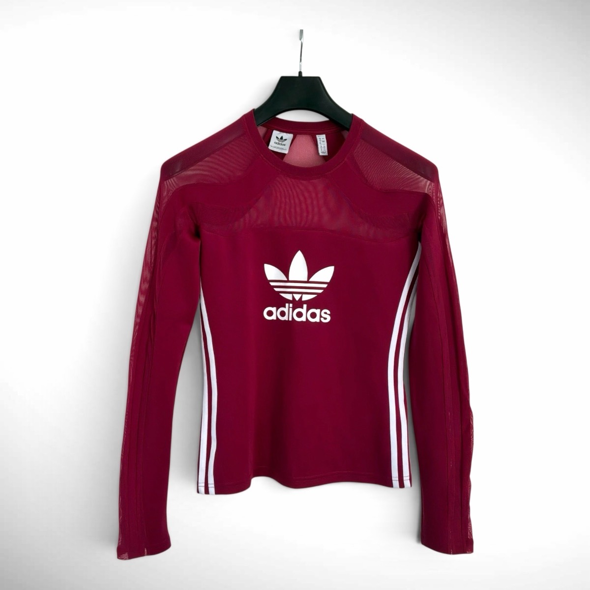 adidas Originals Mesh Panel Long Sleeve Top Burgundy Trefoil 3-Stripes UK 12