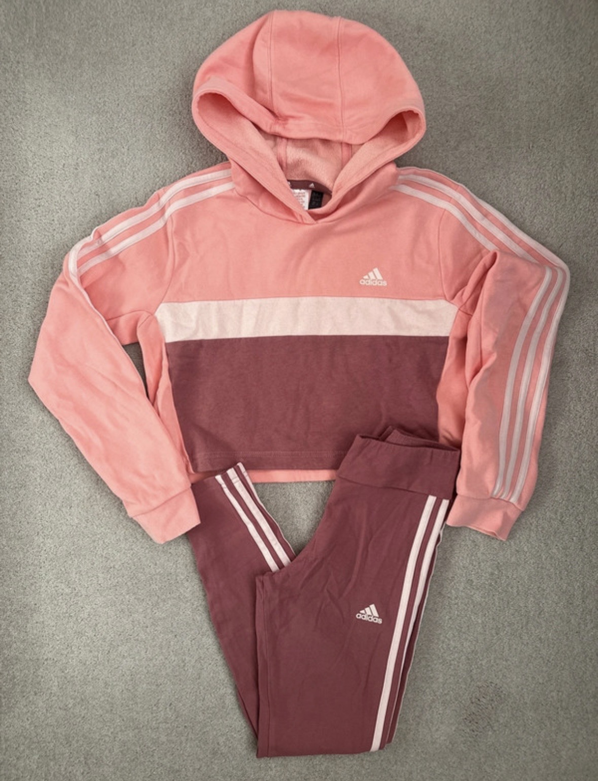 Girls Adidas Tracksuit Set Cropped Hoodie & Leggings 11-12 Years Pink Rose