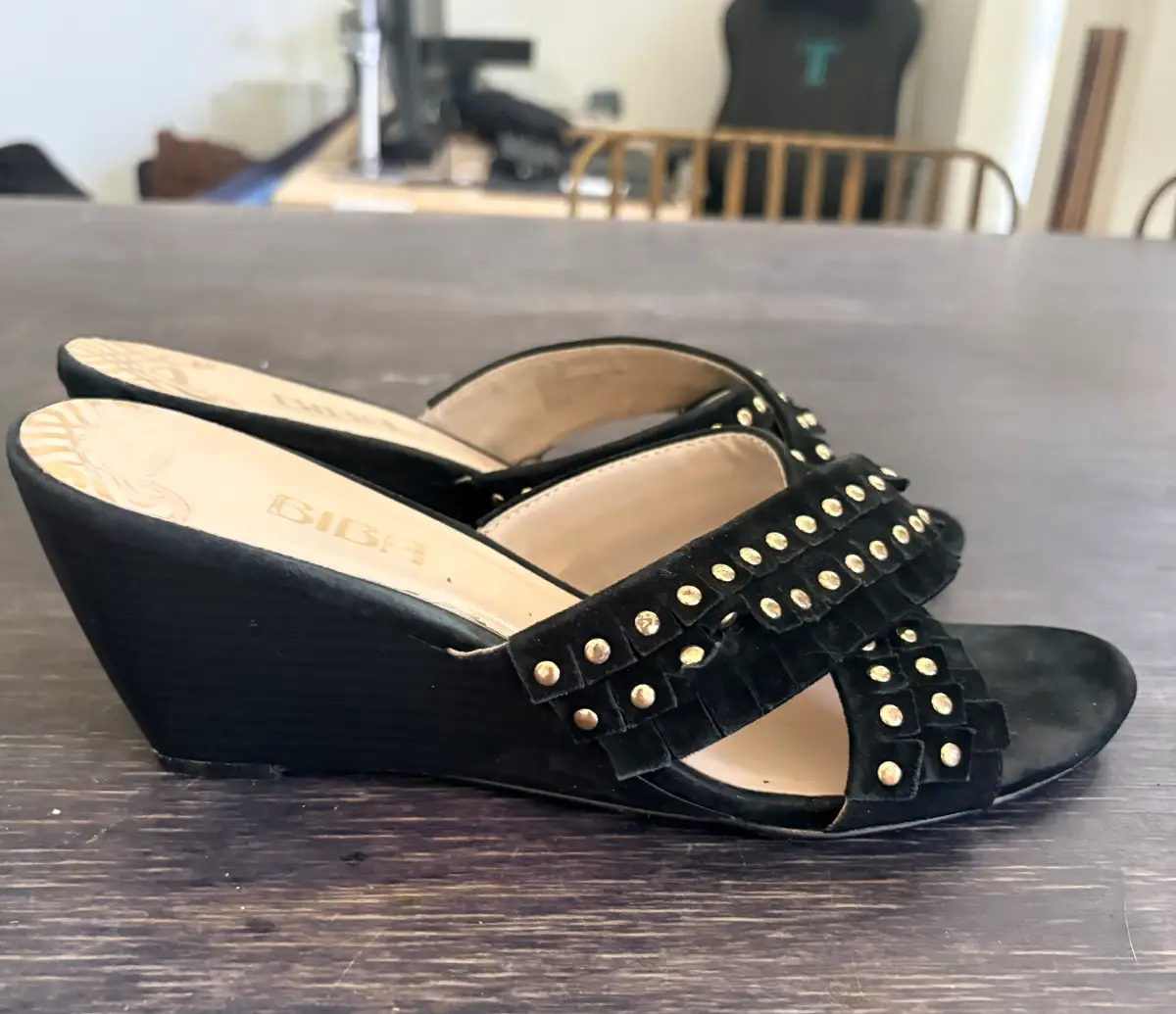 BIBA Black Suede Studded Ruffle Wedge Mule UK 7 Slip On Sandals