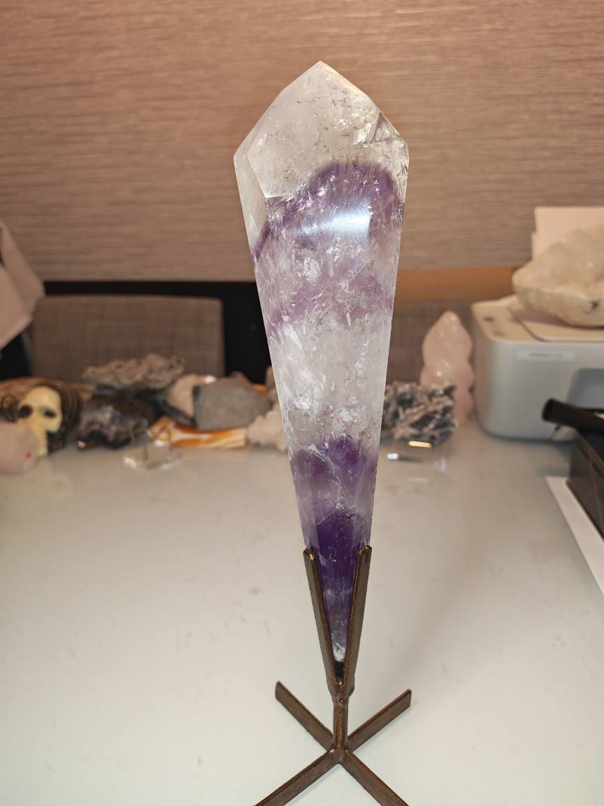 Phantom amethyst crystal Wand on bronze display stand with quartz and smokey quartz
