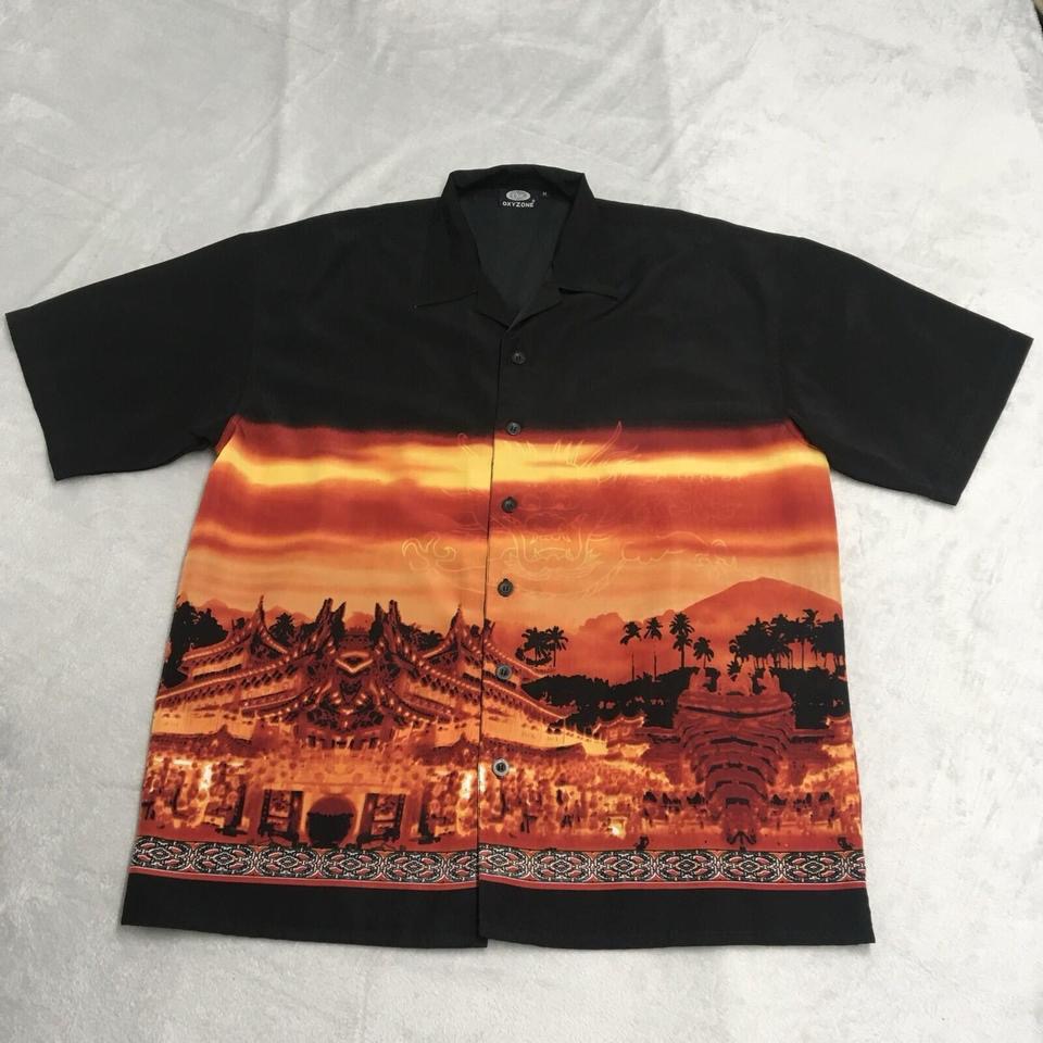 Vintage Oxyzone Shirt Mens Medium Black Orange Temple Hawaiian Y2K Hip Hop