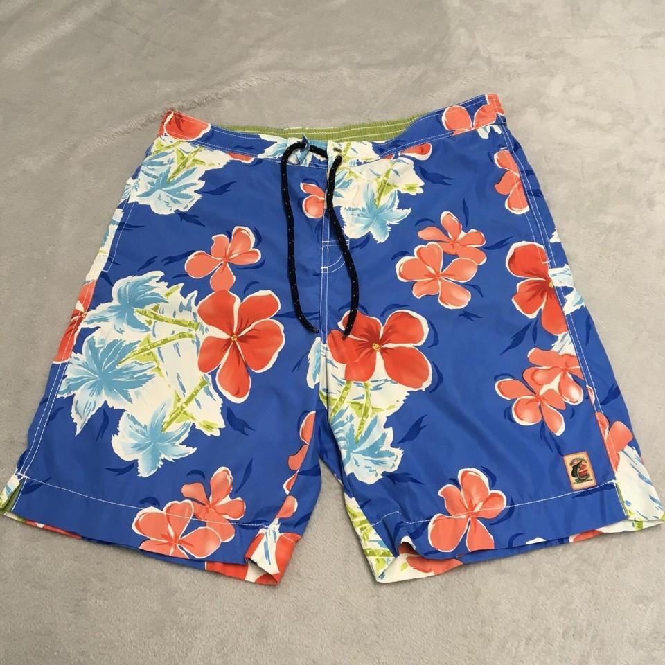 Tommy Bahama Hawaiian Swim Shorts Mens Medium Blue Floral Beach Surf Y2K Pockets