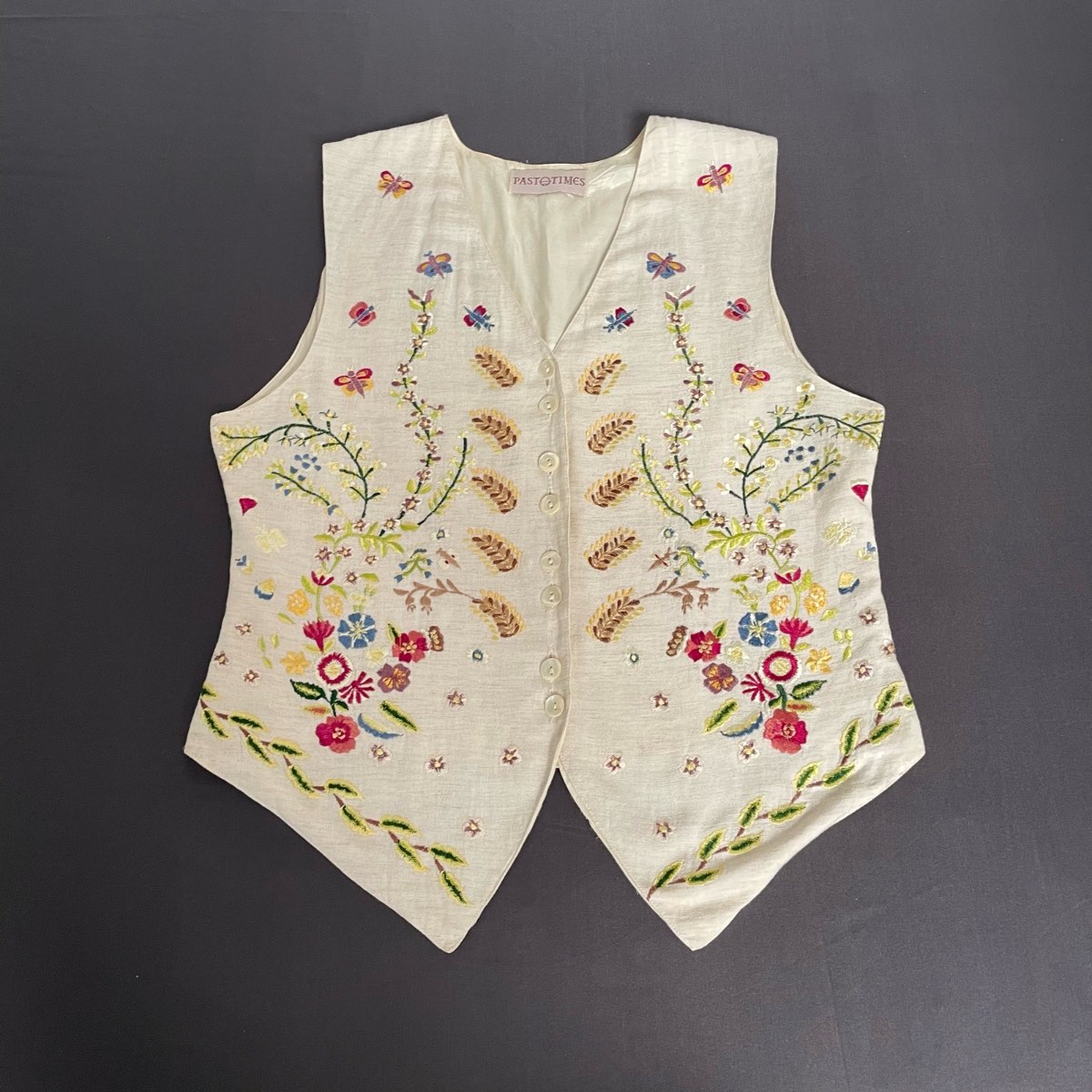 Vintage Past Times Embroidered Floral Waistcoat Cream Linen Blend Cottagecore Size Small