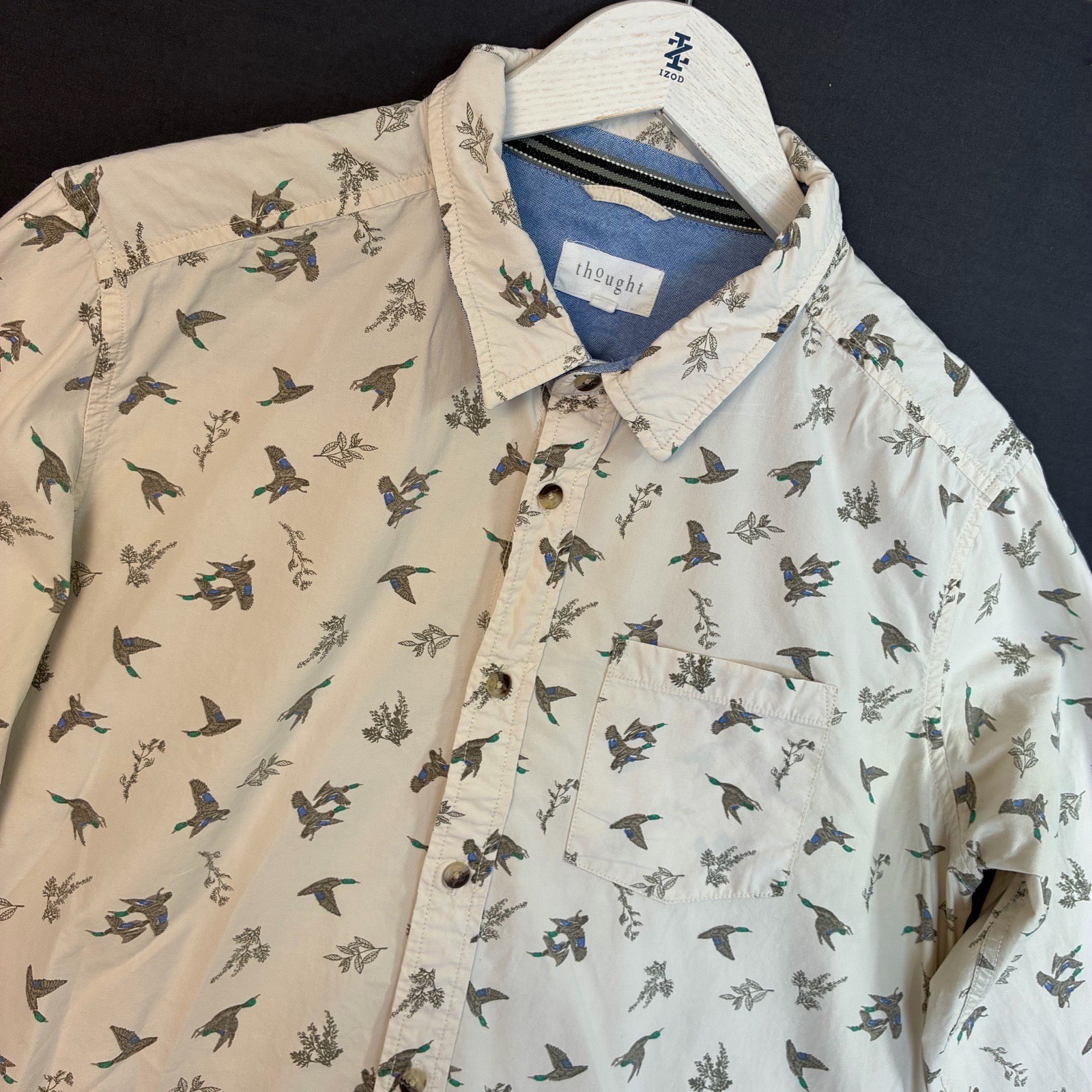 Thought Men’s Organic Cotton Long Sleeve Shirt Size L Creamy White Duck Print