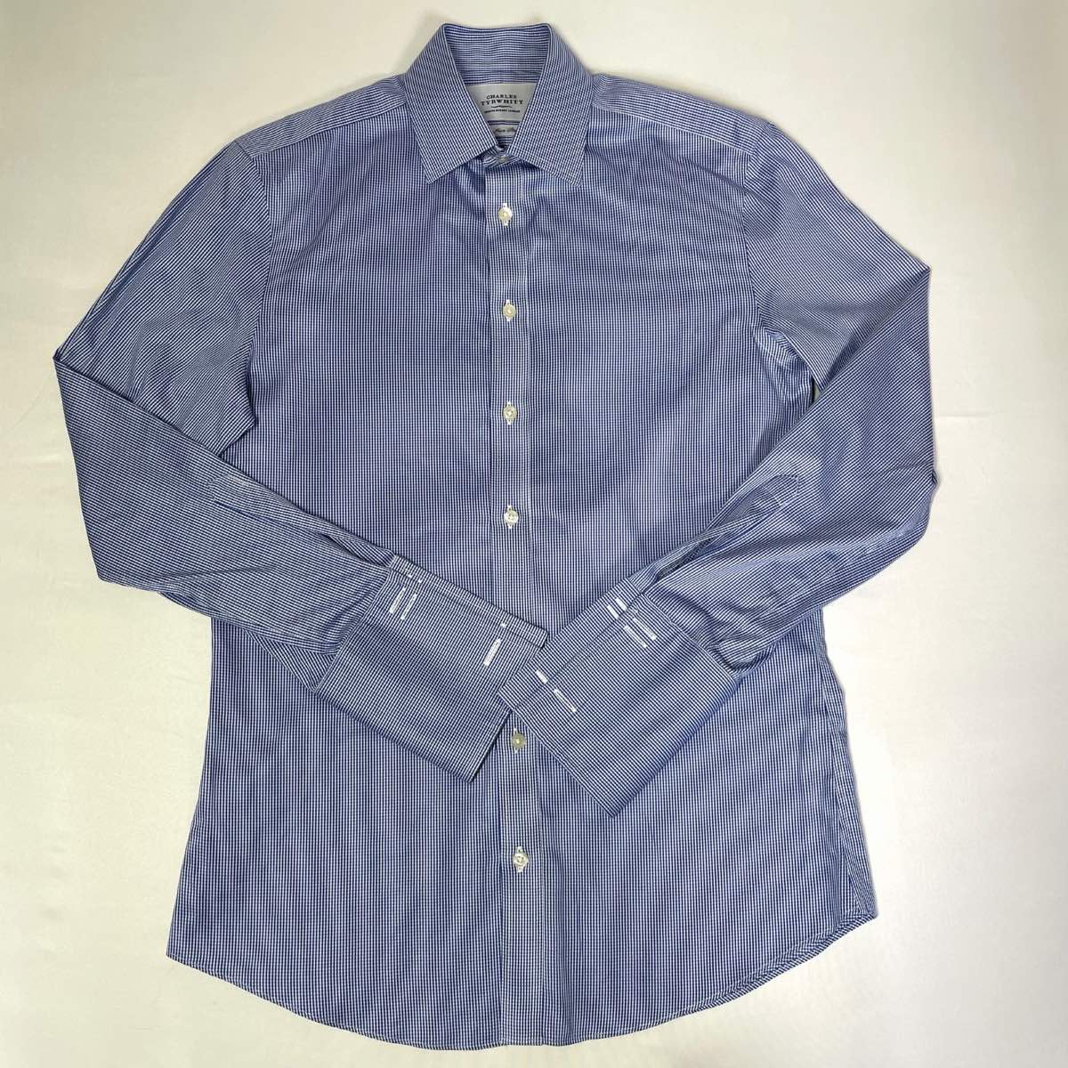 Charles Tyrwhitt Men's Blue Houndstooth L/Sleeve Shirt 15/33 Non Iron Slim Fit