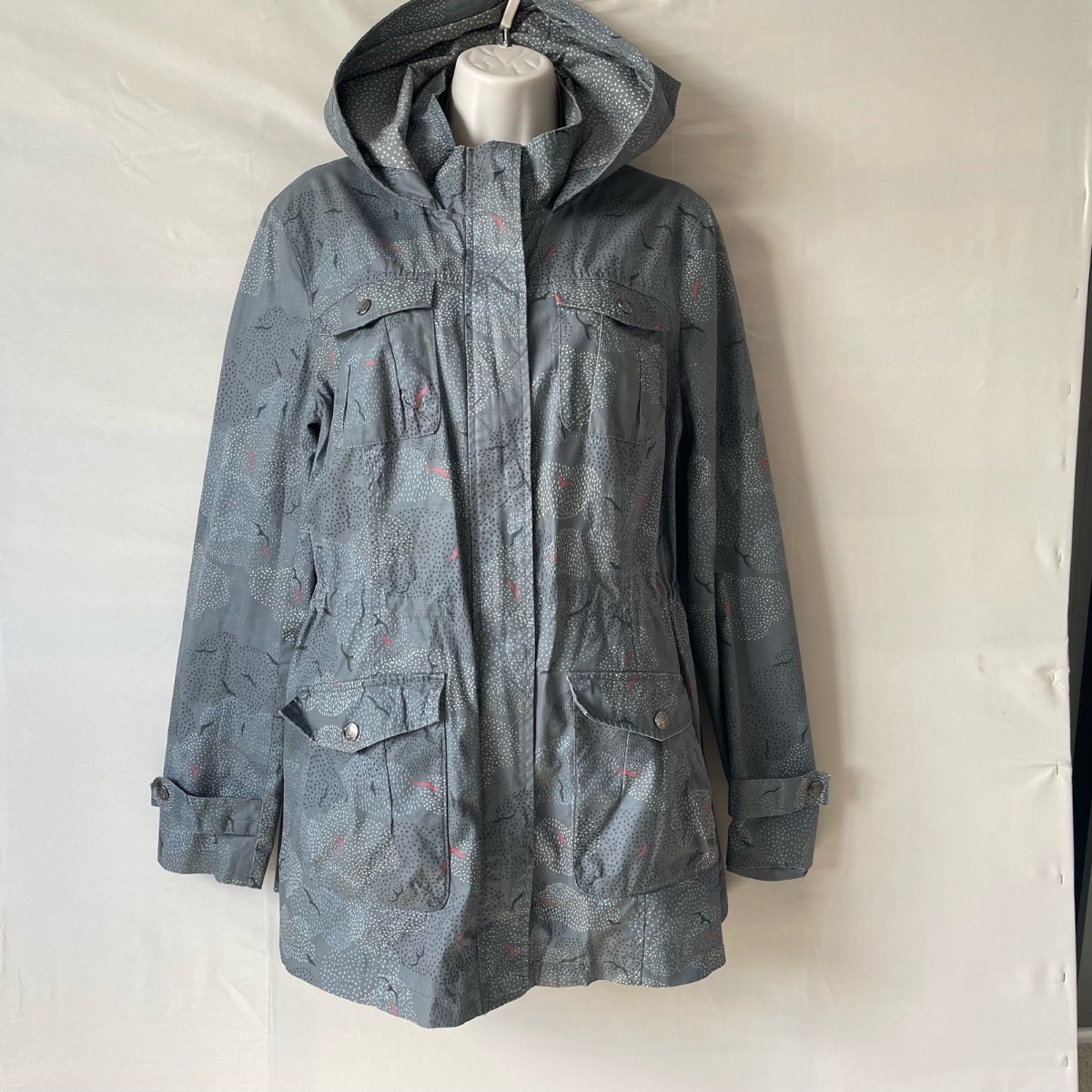Mantaray grey clouds and birds hooded rain coat size 16 jacket.