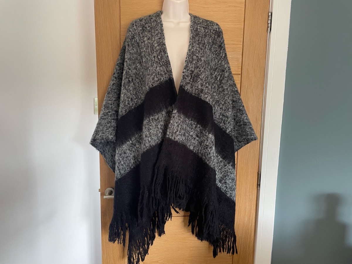 Grey And black shawl/ wrap with fringed edge one size