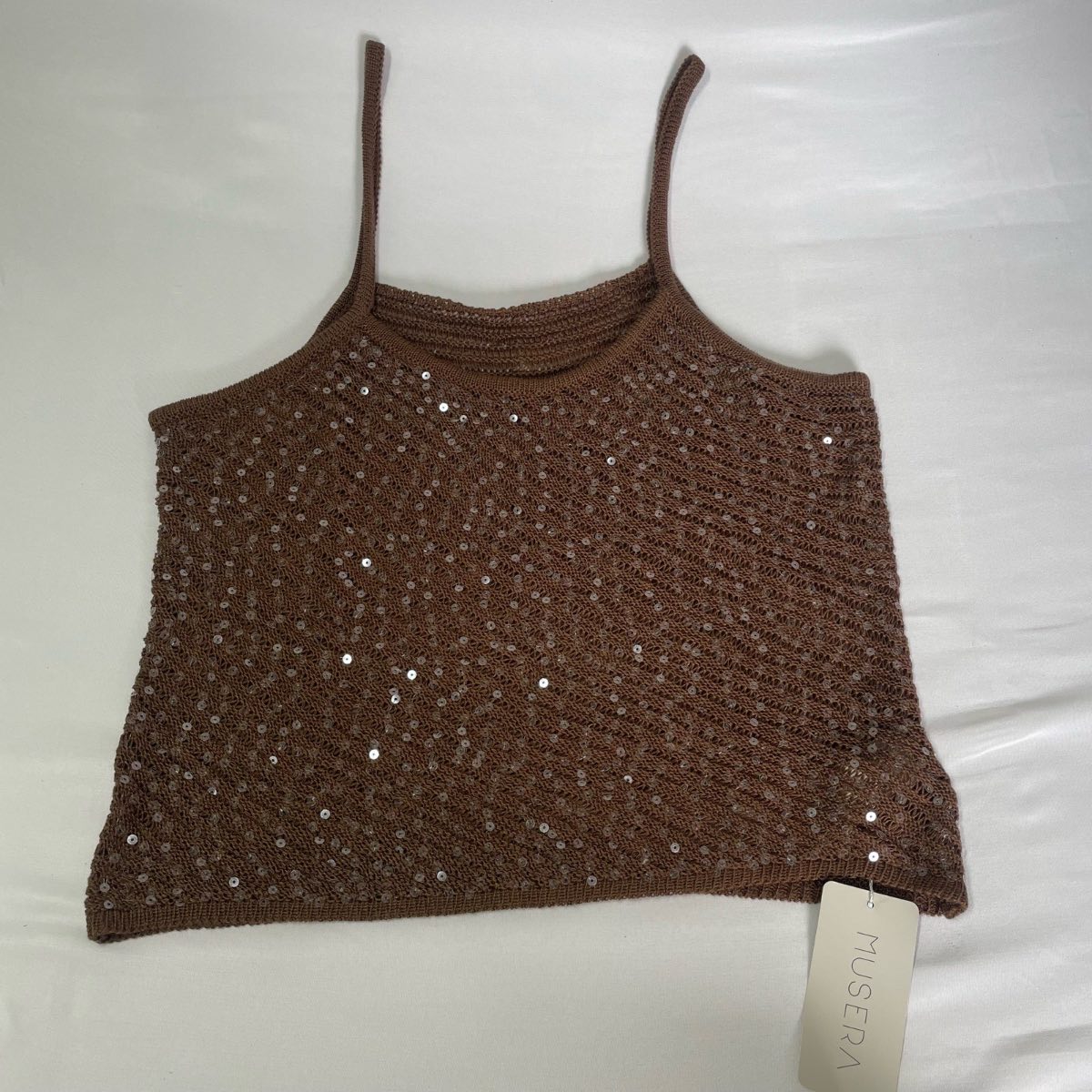Brown Crochet Knit Sequin Cami Strappy Top Musera Size XL New With Tags