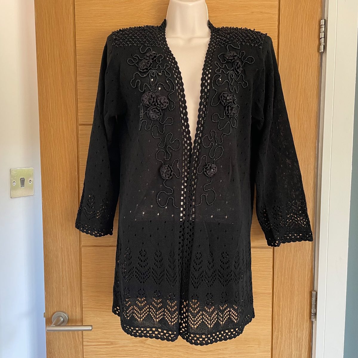 Vintage Handmade Crochet Beaded Black Cardigan with Shoulder Pads- One Size Fits