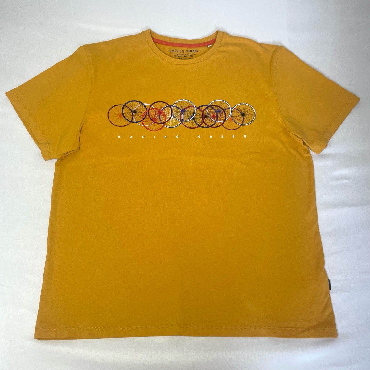 Mustard Yellow/Orange Racing Green Bicycle Print T Shirt Size Large 100% Cotton