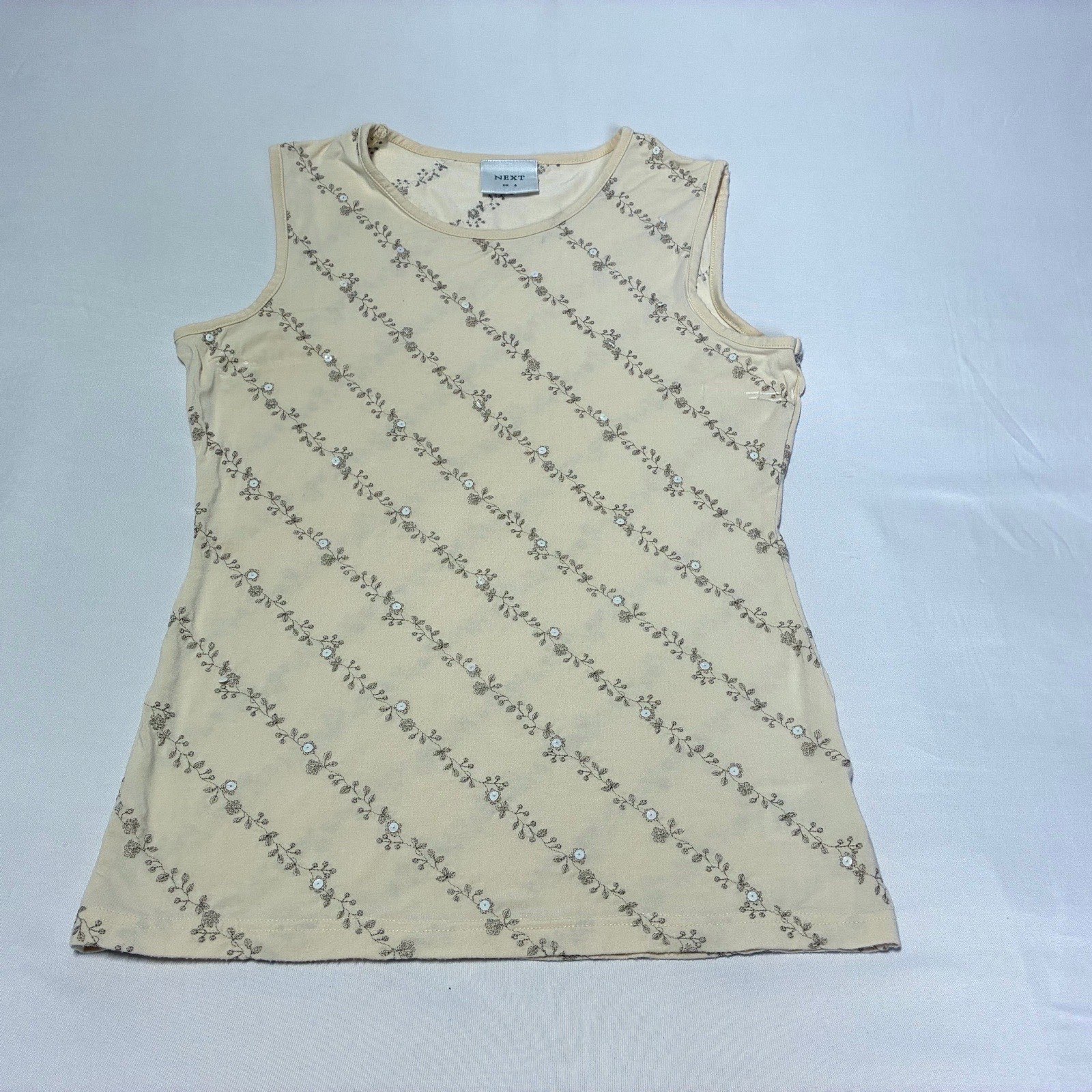 Vintage Y2K Next Cream Beige Embroidered Floral Sequin Tank Top Vest Size 8 Boho