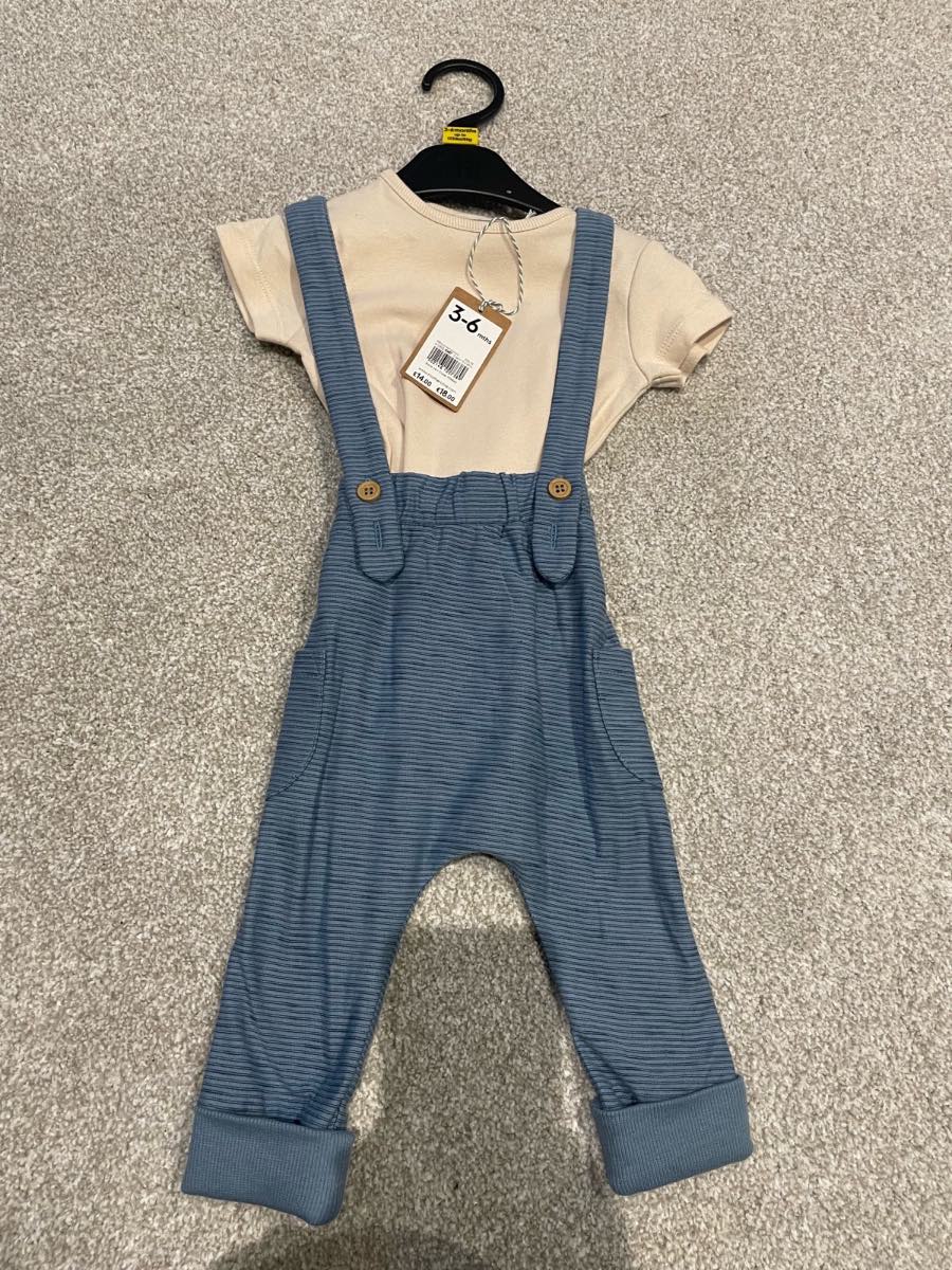 Mothercare boys blue dungaree and beige vest set 3-6 months new with tags