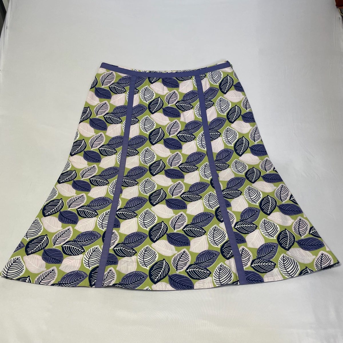 Boden Green Purple Leaf Pattern Knee Length Cotton Summer Skirt Size 12L tall