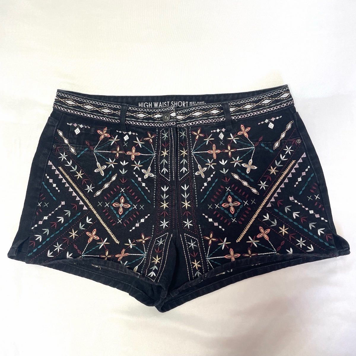 Black Multicoloured Embroidered Hot Pant Shorts High Waist Next Size 14 Boho