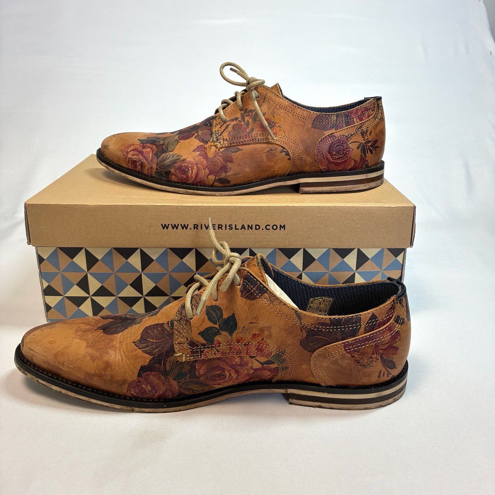 River Island Original Limited Edition Brown Floral Leather Oxford Shoes Size 9UK