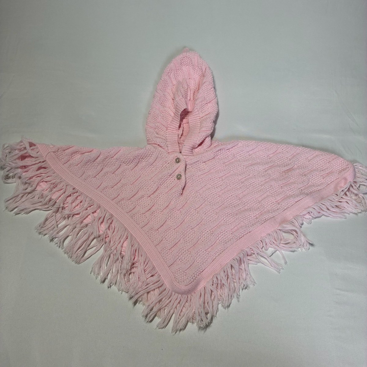 Girls pink knit fringed hooded poncho cape  12-18 months nursery time